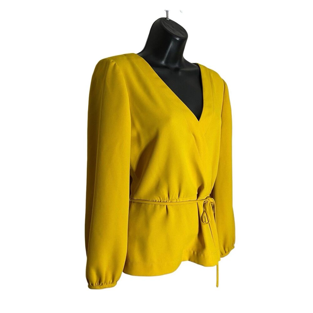 J Crew Top Women 2 Yellow Faux Wrap Draped Crepe V-Neck Long Sleeve Shirt Preppy